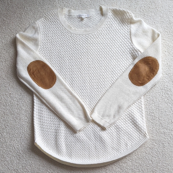 August Mist Sweaters - 3 For $30. Elegant Cream Sweater with Brown Elbow Patches
